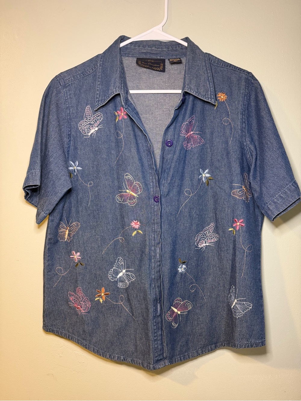 Embroidered Denim Short-Sleeve Button Shirt - Blue